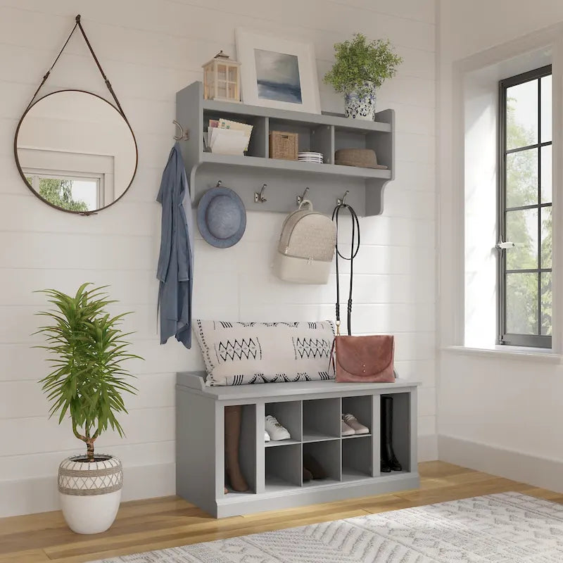 Banc à chaussures 40 po avec étagères et porte-manteau mural