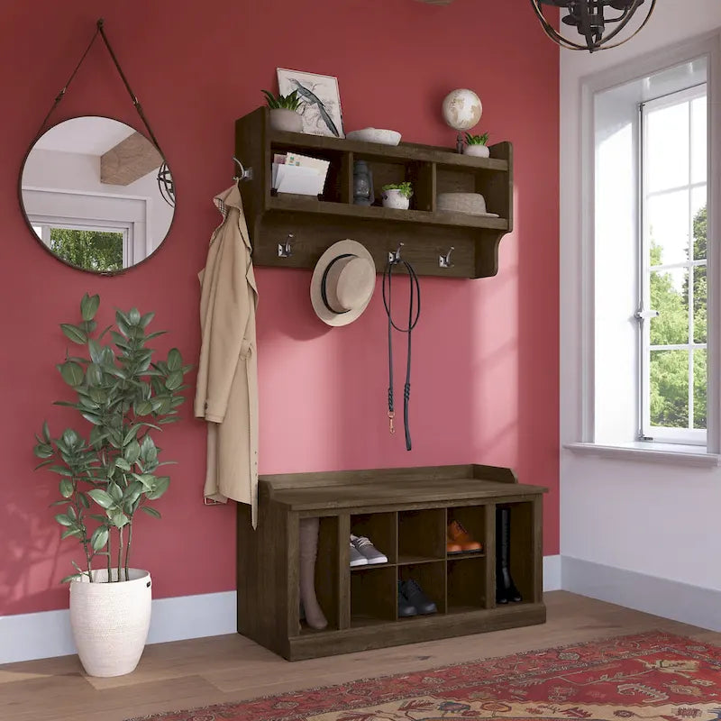 Banc à chaussures 40 po avec étagères et porte-manteau mural