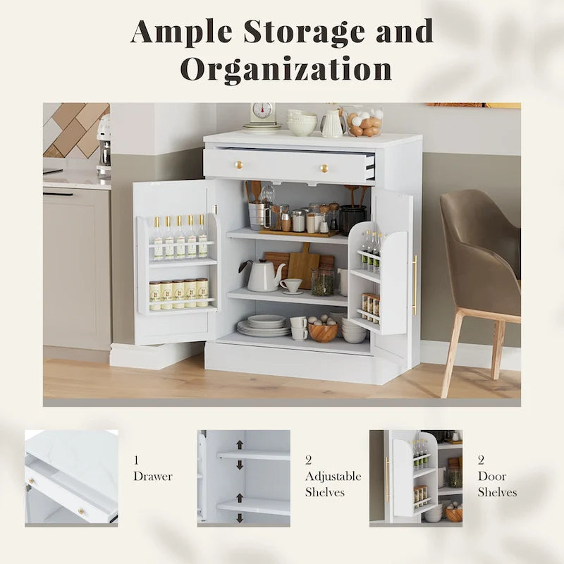 Garde-manger de cuisine moderne sur pied, buffet de rangement pour nourriture, meuble bar à café avec tiroir, 2 étagères réglables et 2 étagères de porte