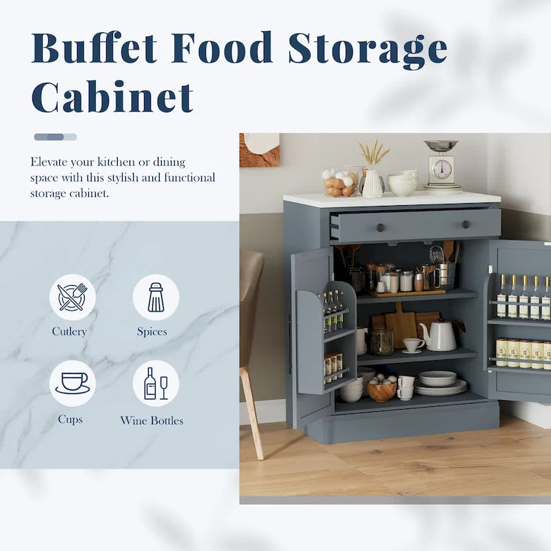 Garde-manger de cuisine moderne sur pied, buffet de rangement pour nourriture, meuble bar à café avec tiroir, 2 étagères réglables et 2 étagères de porte