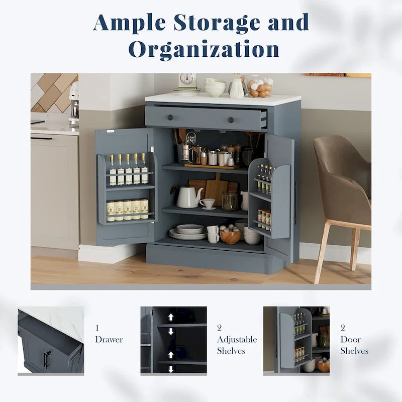 Garde-manger de cuisine moderne sur pied, buffet de rangement pour nourriture, meuble bar à café avec tiroir, 2 étagères réglables et 2 étagères de porte