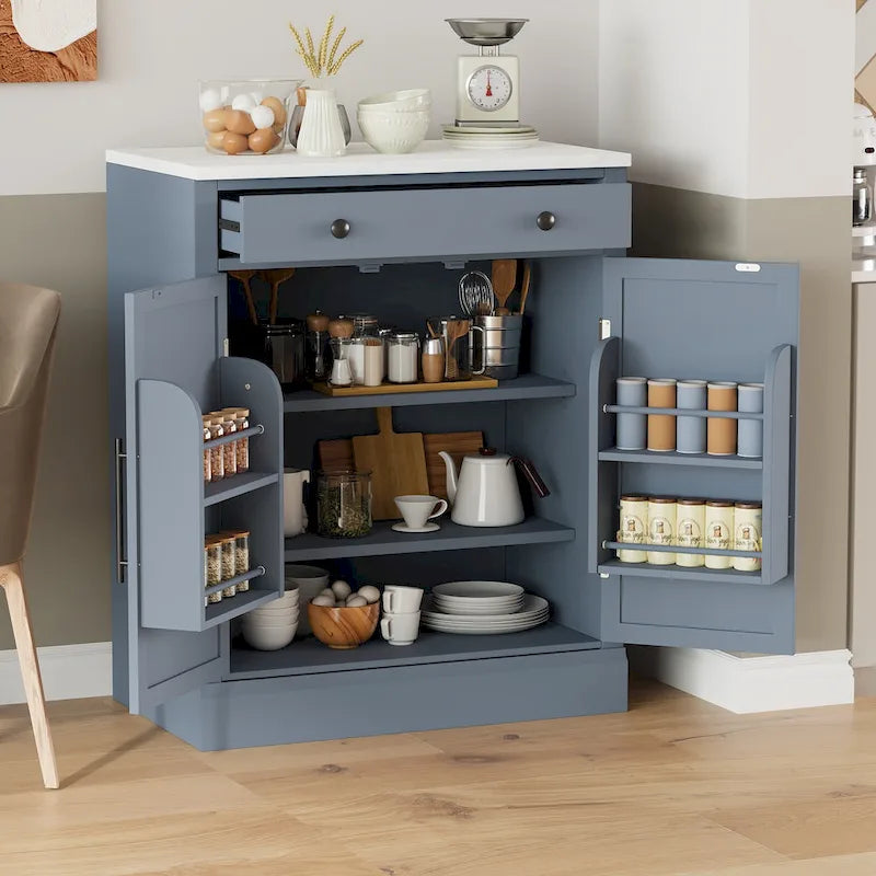 Garde-manger de cuisine moderne sur pied, buffet de rangement pour nourriture, meuble bar à café avec tiroir, 2 étagères réglables et 2 étagères de porte