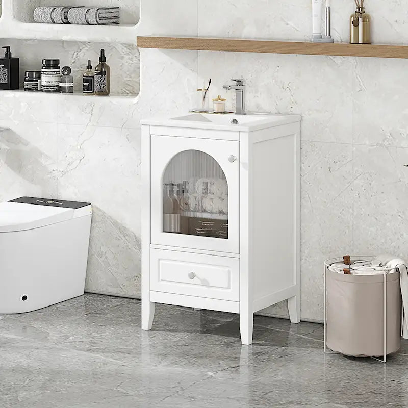 Meuble-lavabo de salle de bain 20 pouces avec évier, meuble-lavabo moderne, armoire de salle de bain compacte avec porte en verre, tiroir