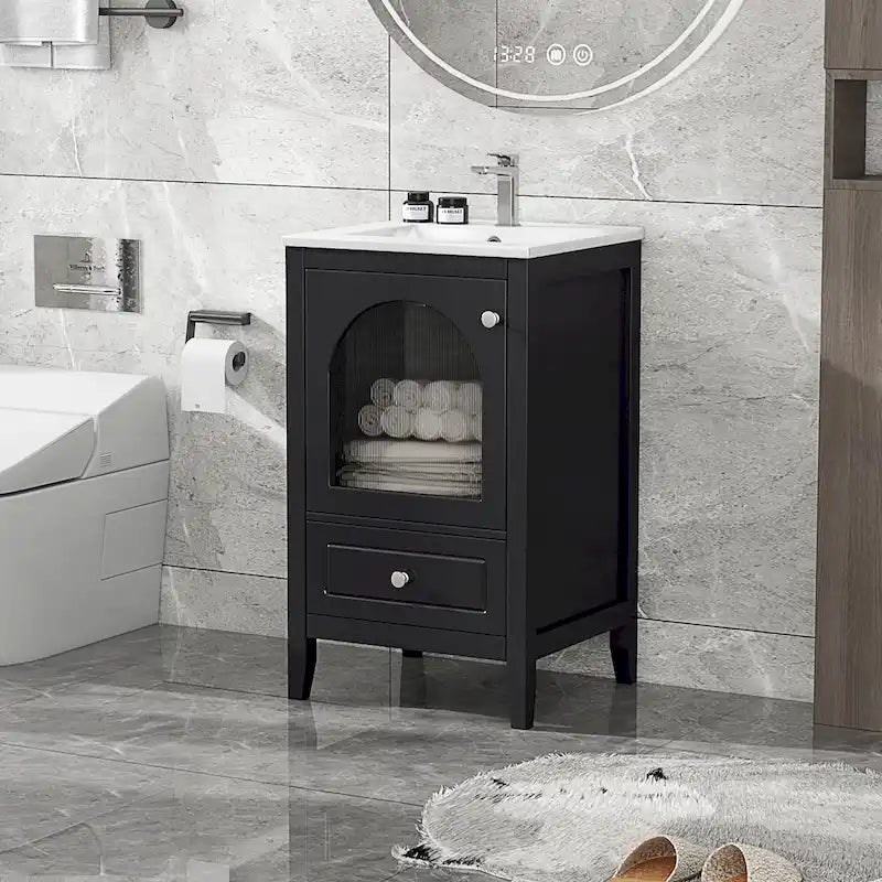 Meuble-lavabo de salle de bain 20 pouces avec évier, meuble-lavabo moderne, armoire de salle de bain compacte avec porte en verre, tiroir