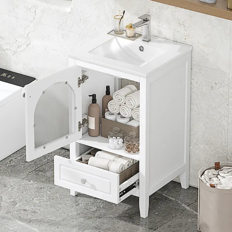 Meuble-lavabo de salle de bain 20 pouces avec évier, meuble-lavabo moderne, armoire de salle de bain compacte avec porte en verre, tiroir