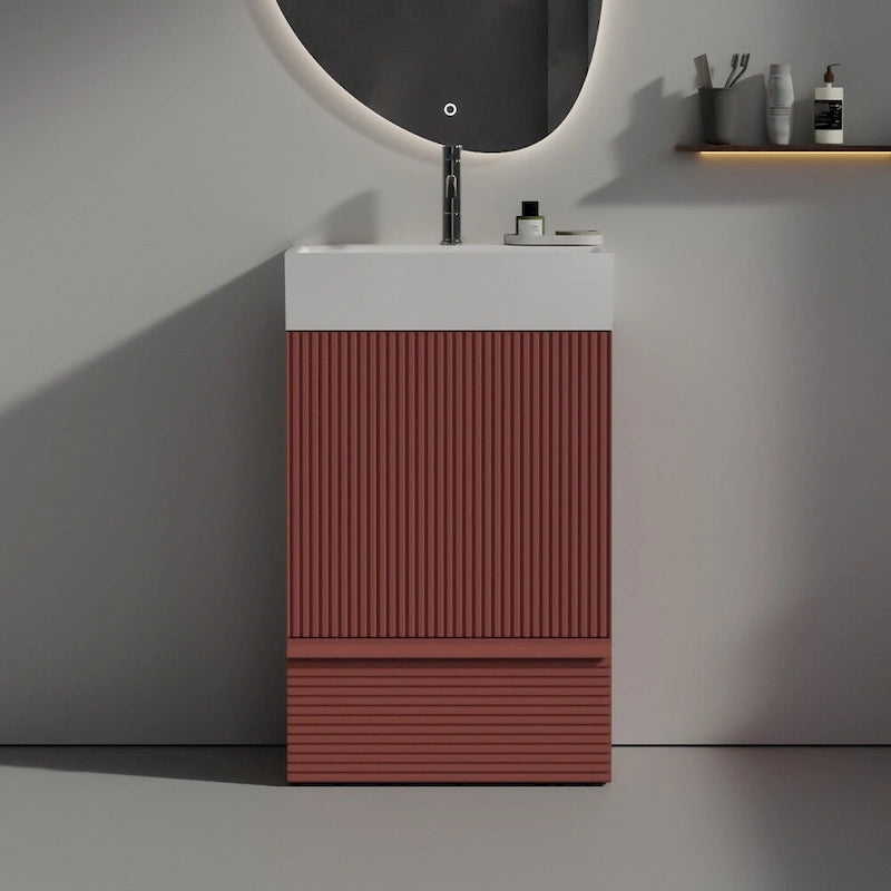 Meuble-lavabo simple, meuble-lavabo autoportant moderne à motif de grille avec poignée cachée, meuble de salle de bain en bois