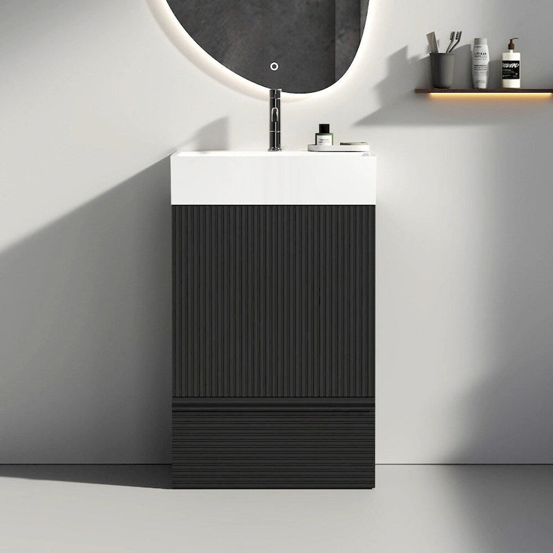 Meuble-lavabo simple, meuble-lavabo autoportant moderne à motif de grille avec poignée cachée, meuble de salle de bain en bois