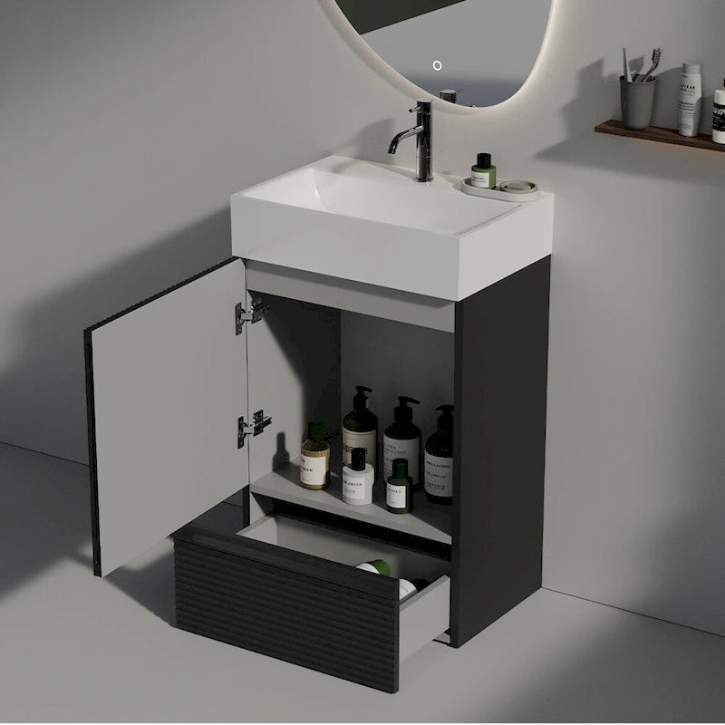 Meuble-lavabo simple, meuble-lavabo autoportant moderne à motif de grille avec poignée cachée, meuble de salle de bain en bois