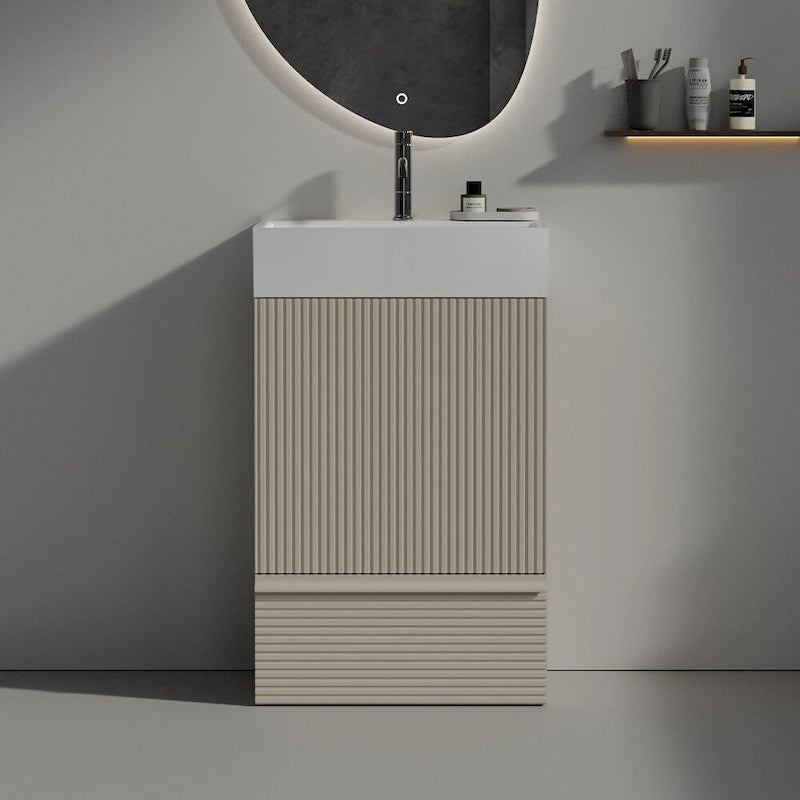 Meuble-lavabo simple, meuble-lavabo autoportant moderne à motif de grille avec poignée cachée, meuble de salle de bain en bois