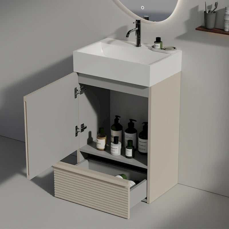 Meuble-lavabo simple, meuble-lavabo autoportant moderne à motif de grille avec poignée cachée, meuble de salle de bain en bois