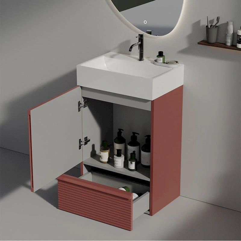 Meuble-lavabo simple, meuble-lavabo autoportant moderne à motif de grille avec poignée cachée, meuble de salle de bain en bois
