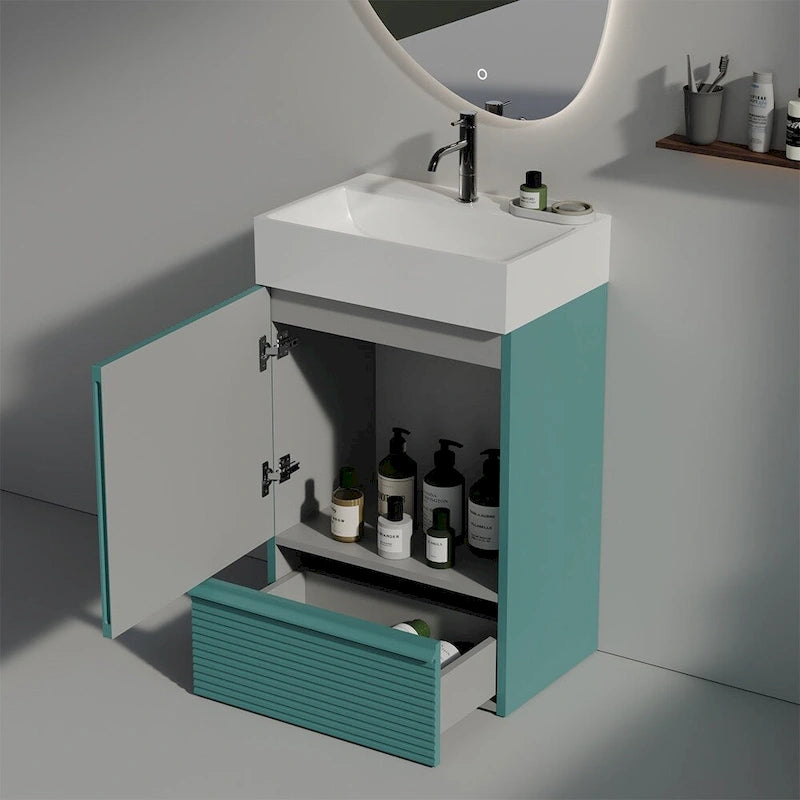 Meuble-lavabo simple, meuble-lavabo autoportant moderne à motif de grille avec poignée cachée, meuble de salle de bain en bois