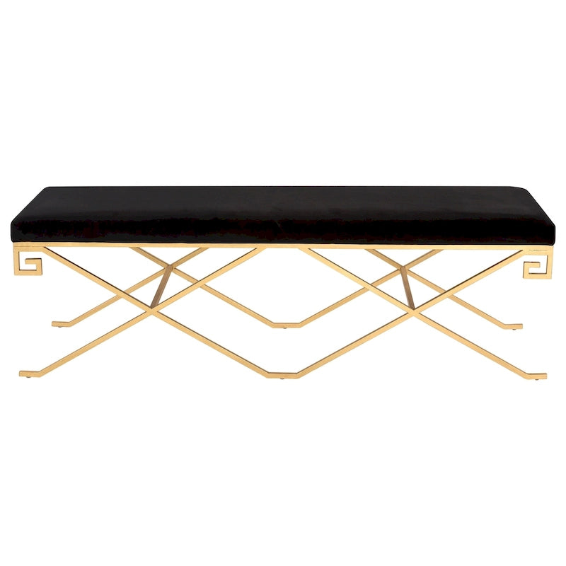 Banc décoratif glamour de 59 pouces en velours noir et feuille d'or avec assise rembourrée luxueuse pour salon