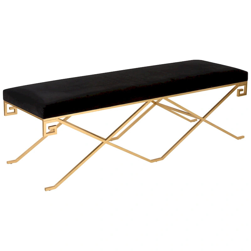 Banc décoratif glamour de 59 pouces en velours noir et feuille d'or avec assise rembourrée luxueuse pour salon