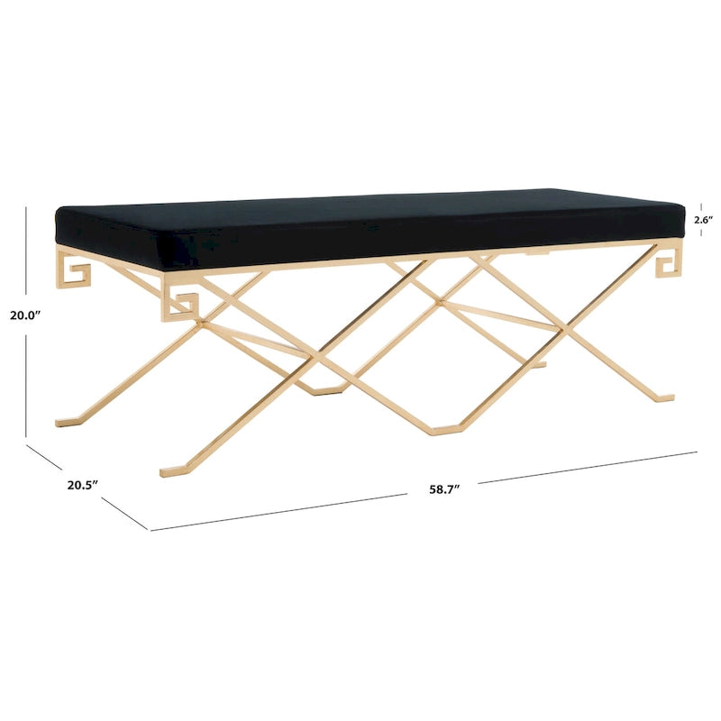 Banc décoratif glamour de 59 pouces en velours noir et feuille d'or avec assise rembourrée luxueuse pour salon