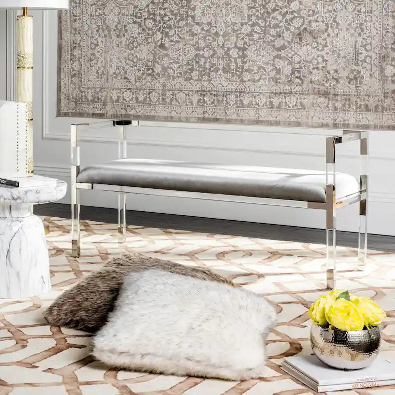 Banc d'appoint en acrylique gris avec siège rembourré pour salon ou chambre à coucher