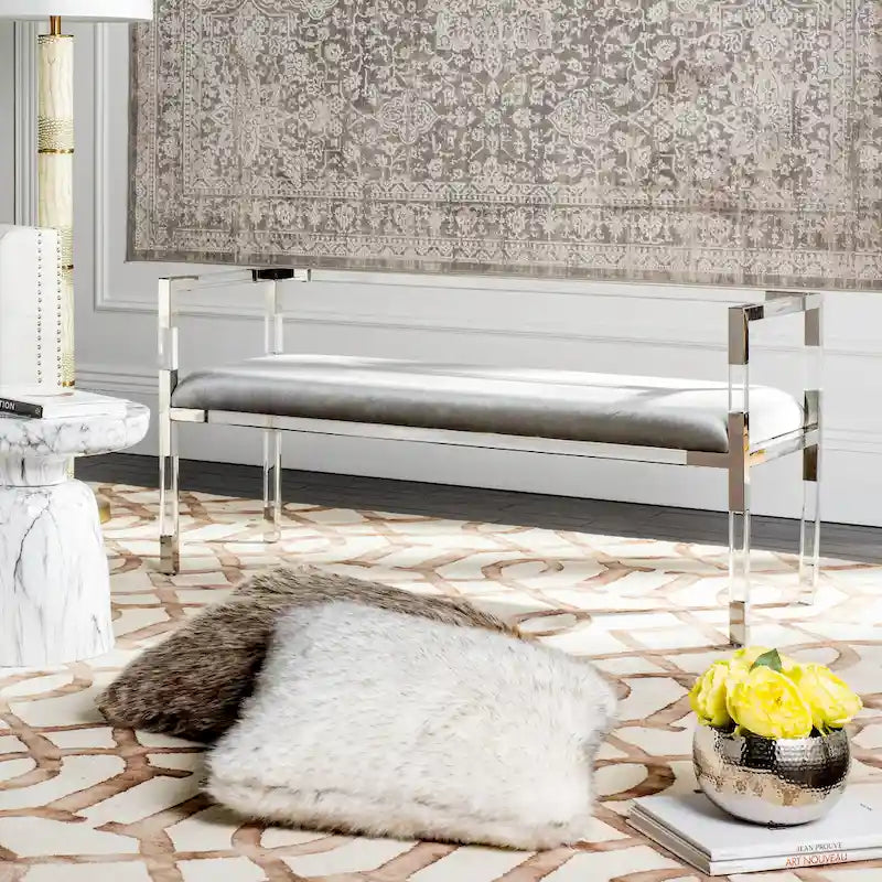 Banc d'appoint en acrylique gris avec siège rembourré pour salon ou chambre à coucher