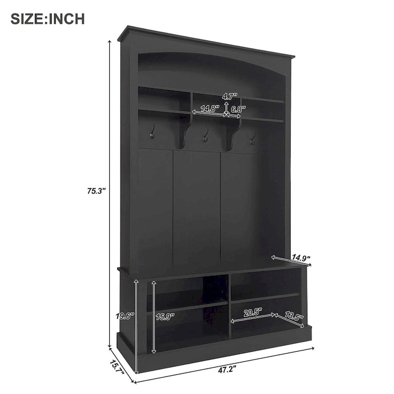Vestiaire d'entrée de 47 pouces de large avec patères, banc et étagère de rangement inférieure