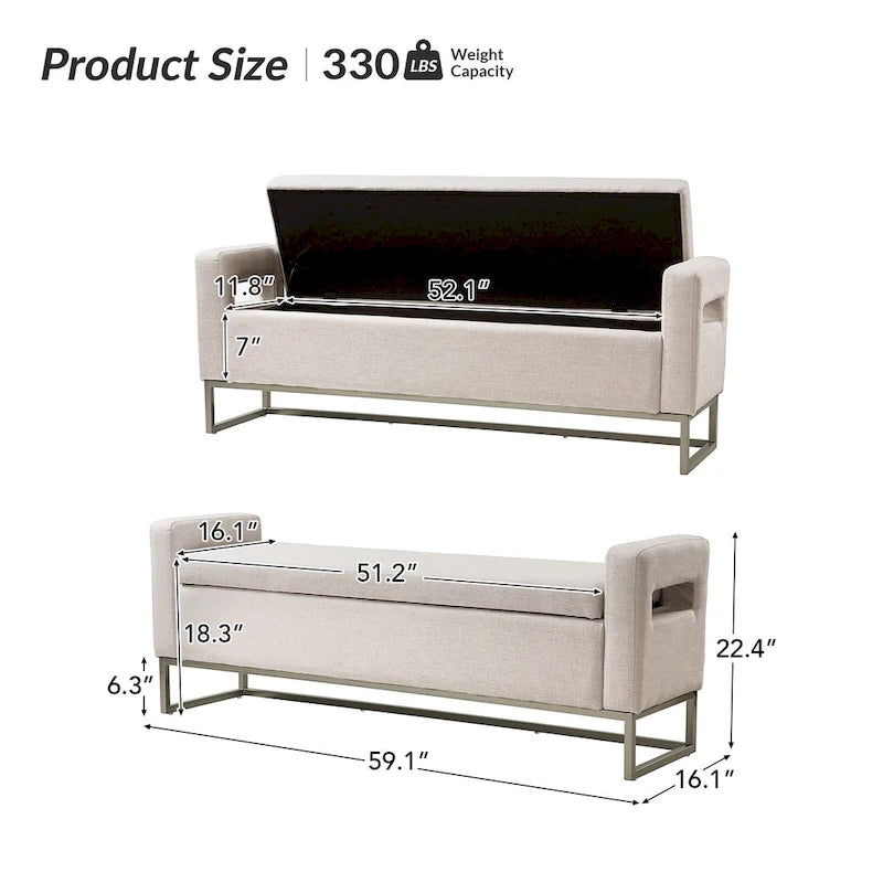 Banc moderne en lin rembourré avec espace de rangement dissimulé pour chambre ou entrée