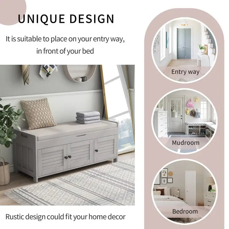 Banc de rangement à chaussures en bois avec coussin, banquette d'entrée avec étagère ajustable intégrée et plateau rabattable