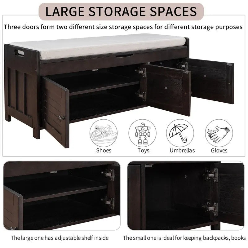 Banc de rangement à chaussures en bois avec coussin, banquette d'entrée avec étagère ajustable intégrée et plateau rabattable