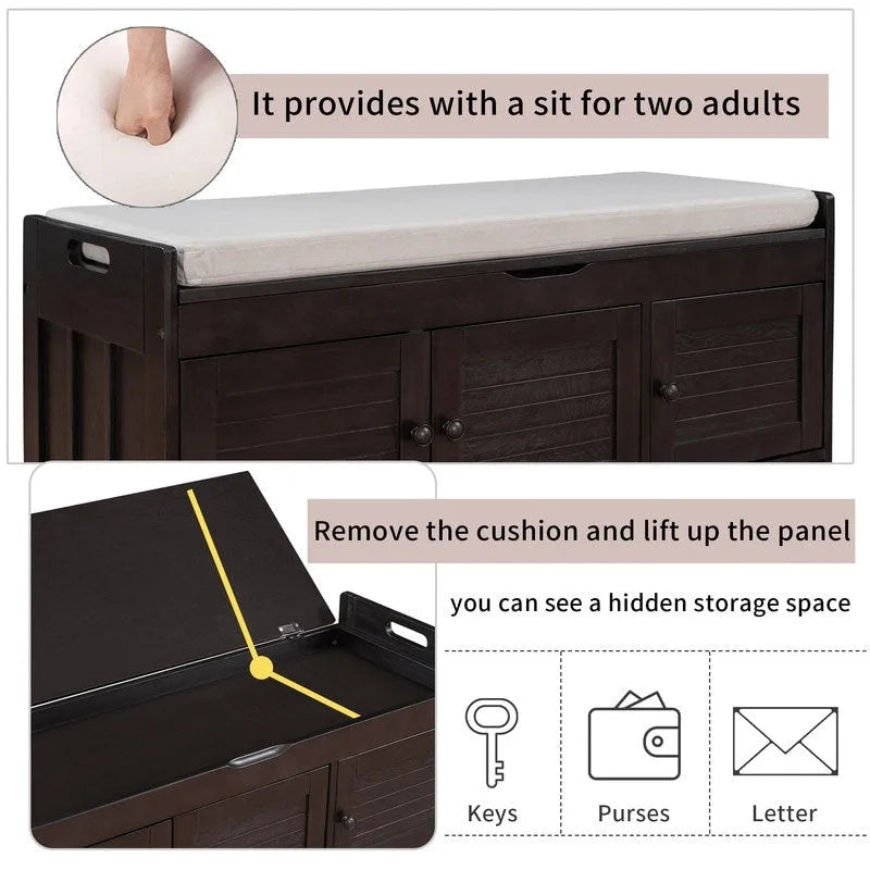 Banc de rangement à chaussures en bois avec coussin, banquette d'entrée avec étagère ajustable intégrée et plateau rabattable