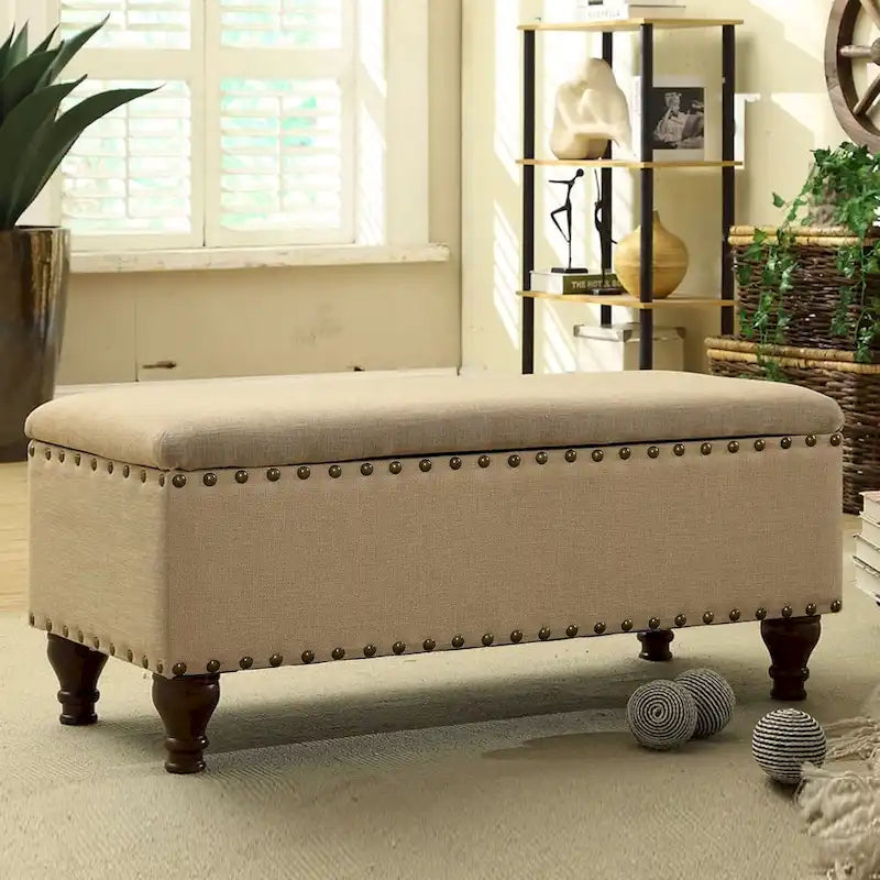 Banc de rangement rembourré en lin vanille avec clous décoratifs pour chambre ou entrée