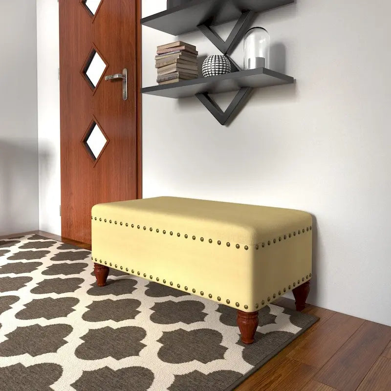 Banc de rangement rembourré en lin vanille avec clous décoratifs pour chambre ou entrée
