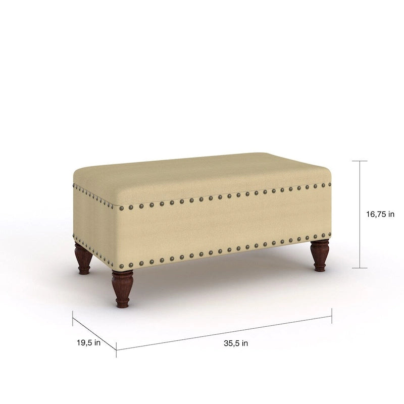 Banc de rangement rembourré en lin vanille avec clous décoratifs pour chambre ou entrée