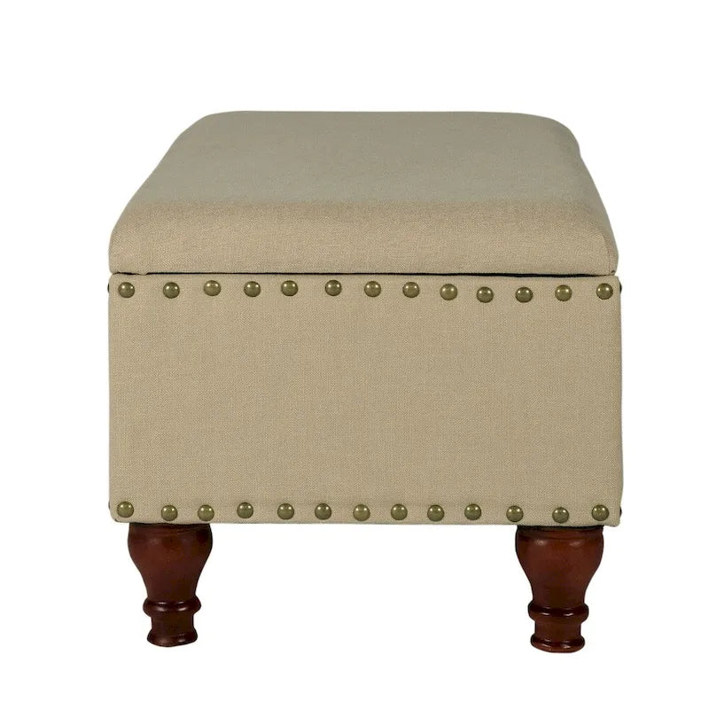 Banc de rangement rembourré en lin vanille avec clous décoratifs pour chambre ou entrée