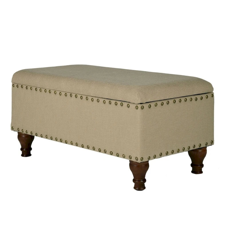 Banc de rangement rembourré en lin vanille avec clous décoratifs pour chambre ou entrée