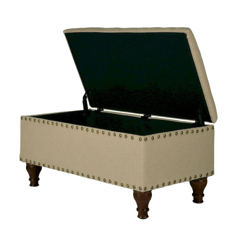 Banc de rangement rembourré en lin vanille avec clous décoratifs pour chambre ou entrée