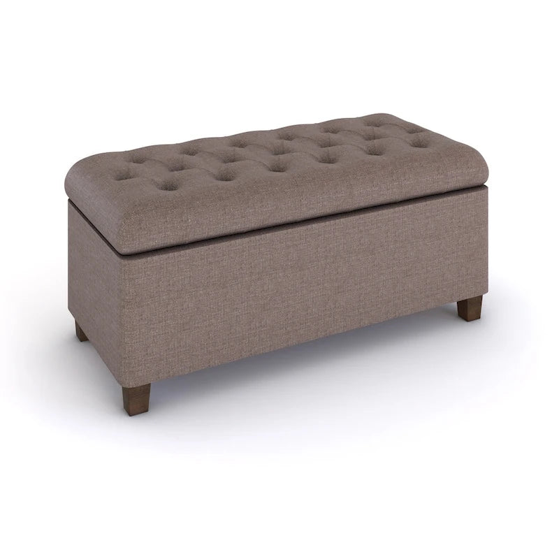 Banc de rangement rembourré à boutons capitonnés marron avec couvercle à charnière pour chambre à coucher