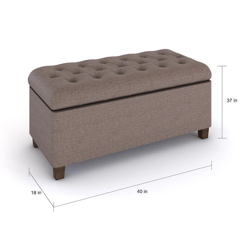 Banc de rangement rembourré à boutons capitonnés marron avec couvercle à charnière pour chambre à coucher