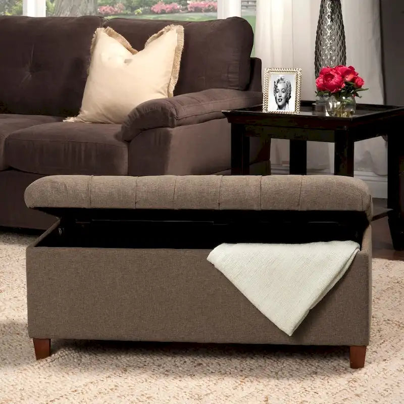 Banc de rangement rembourré à boutons capitonnés marron avec couvercle à charnière pour chambre à coucher
