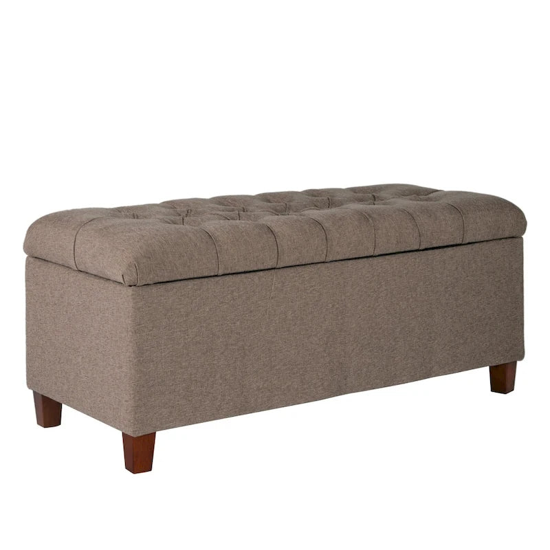Banc de rangement rembourré à boutons capitonnés marron avec couvercle à charnière pour chambre à coucher