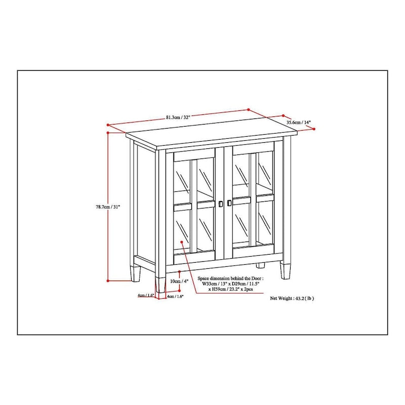 Meuble de rangement bas transitionnel en bois massif de 32 pouces de large avec étagères intérieures pour salon