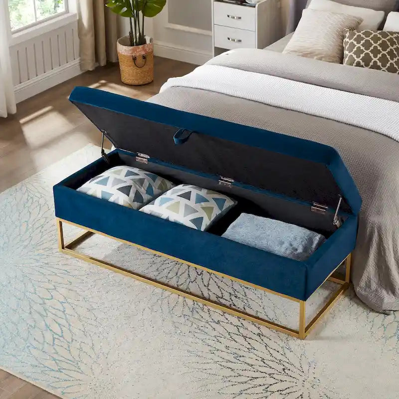 Banc de lit de 58,6 pouces avec base en métal et compartiment de rangement dissimulé pour chambre à coucher