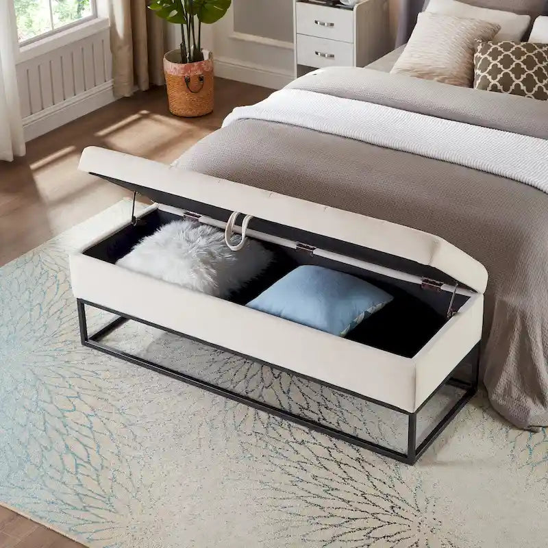 Banc de lit de 58,6 pouces avec base en métal et compartiment de rangement dissimulé pour chambre à coucher