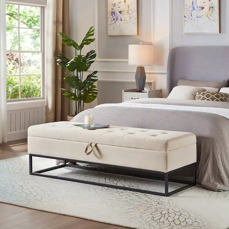 Banc de lit de 58,6 pouces avec base en métal et compartiment de rangement dissimulé pour chambre à coucher