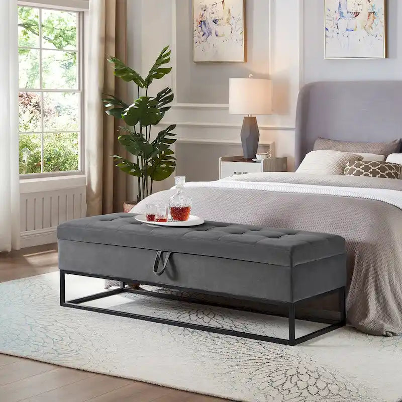 Banc de lit de 58,6 pouces avec base en métal et compartiment de rangement dissimulé pour chambre à coucher