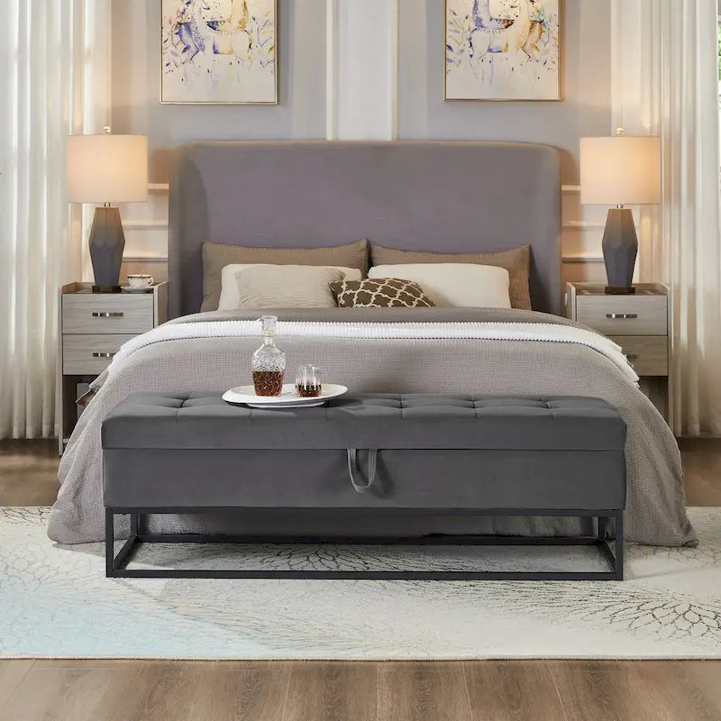 Banc de lit de 58,6 pouces avec base en métal et compartiment de rangement dissimulé pour chambre à coucher