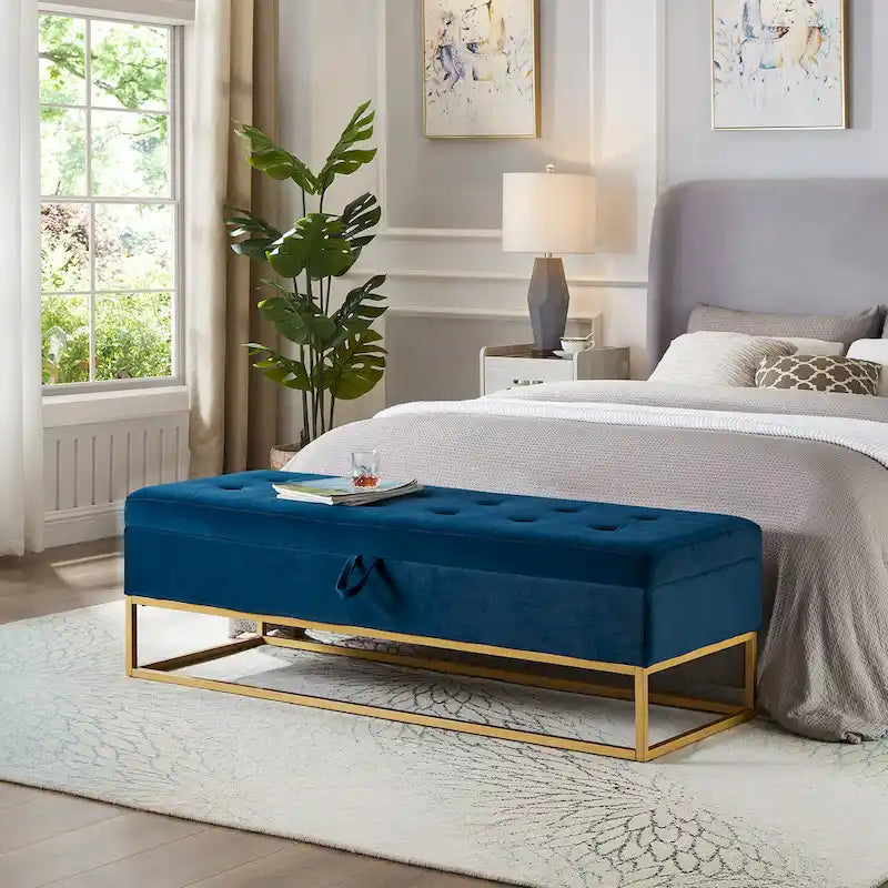 Banc de lit de 58,6 pouces avec base en métal et compartiment de rangement dissimulé pour chambre à coucher