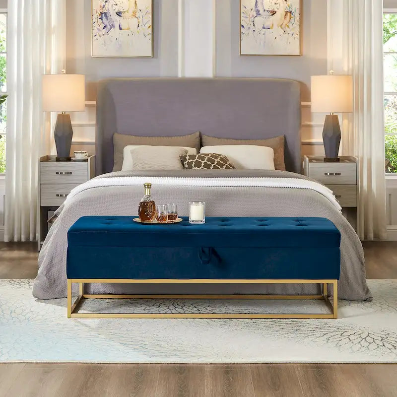 Banc de lit de 58,6 pouces avec base en métal et compartiment de rangement dissimulé pour chambre à coucher