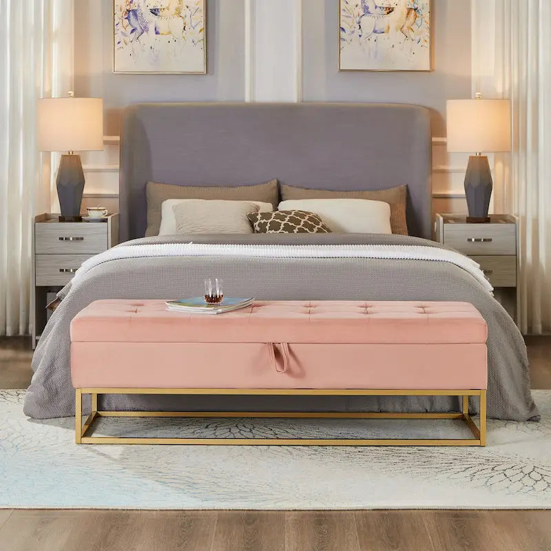 Banc de lit de 58,6 pouces avec base en métal et compartiment de rangement dissimulé pour chambre à coucher