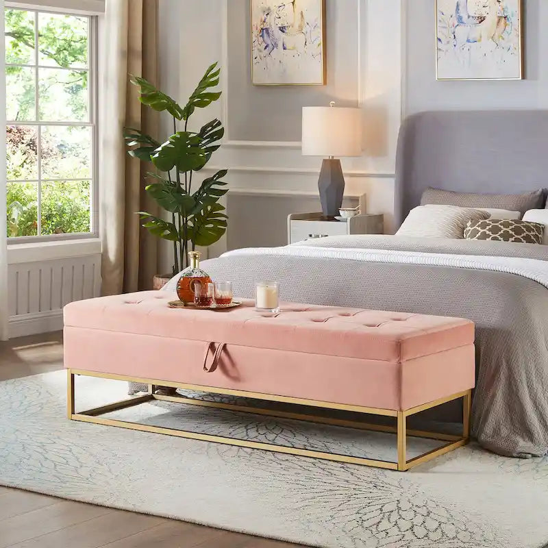 Banc de lit de 58,6 pouces avec base en métal et compartiment de rangement dissimulé pour chambre à coucher