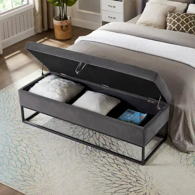 Banc de lit de 58,6 pouces avec base en métal et compartiment de rangement dissimulé pour chambre à coucher