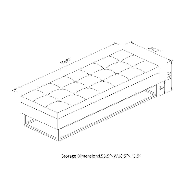 Banc de lit de 58,6 pouces avec base en métal et compartiment de rangement dissimulé pour chambre à coucher