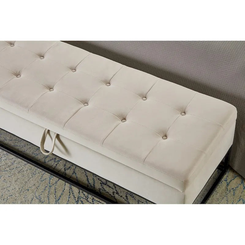 Banc de lit de 58,6 pouces avec base en métal et compartiment de rangement dissimulé pour chambre à coucher
