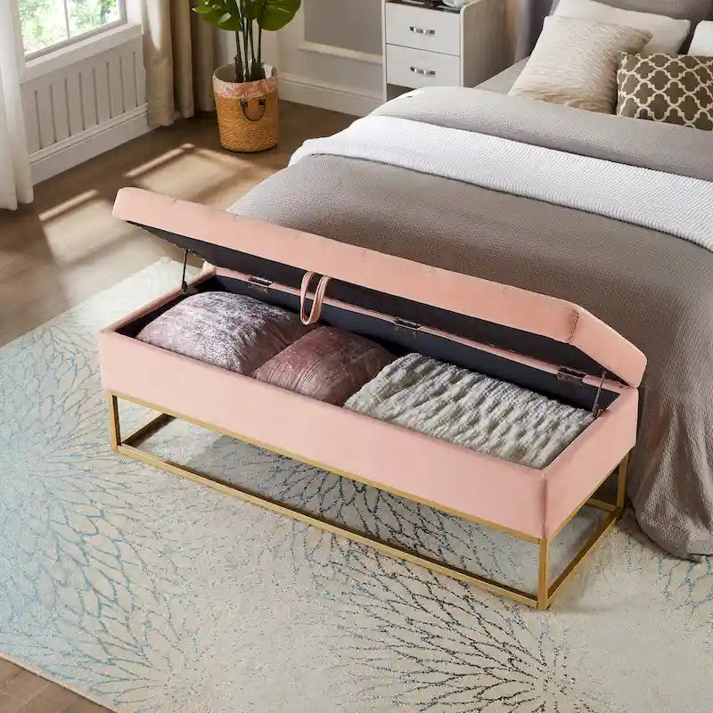 Banc de lit de 58,6 pouces avec base en métal et compartiment de rangement dissimulé pour chambre à coucher